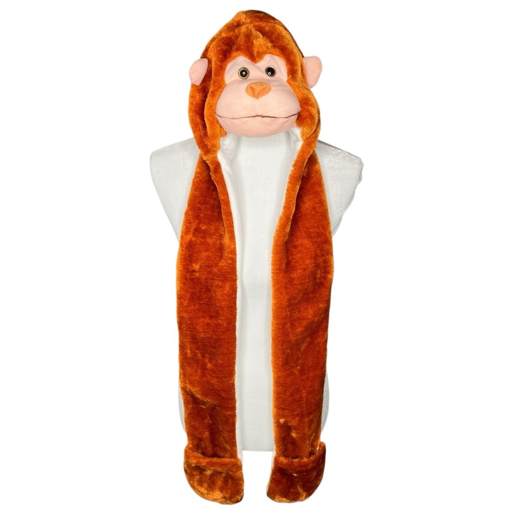 Monkey Plush Warm Full Hat Animal Cap With Scarf Mitten Paws Quirky Cute Whimsy